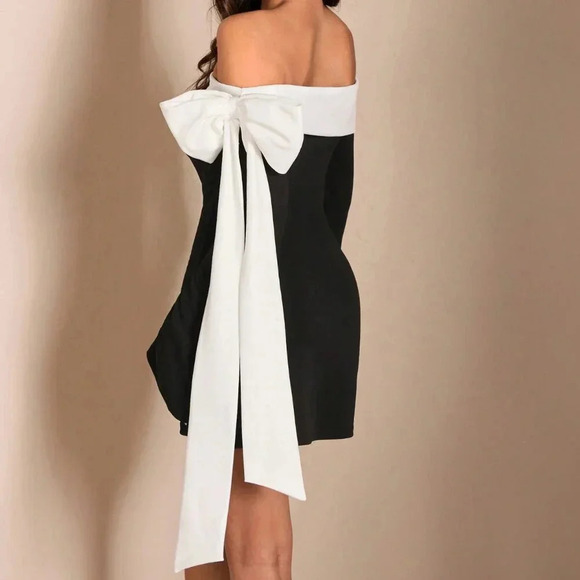 Black And White Elegant Women's Party Cocktail Shoulder Long Sleeve Dress - Picture 2 of 6